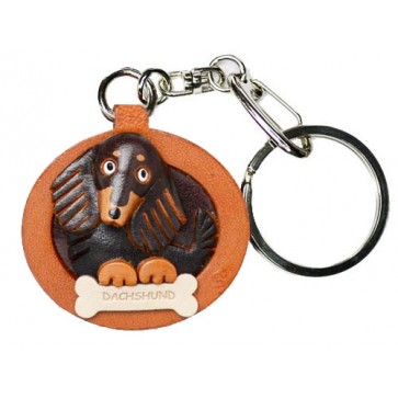 Dachshund Long Hair Black&Tan Leather Dog plate Keychain