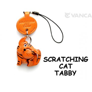 Tabby Scratching Japanese Leather Cellularphone Charm Cat #46402