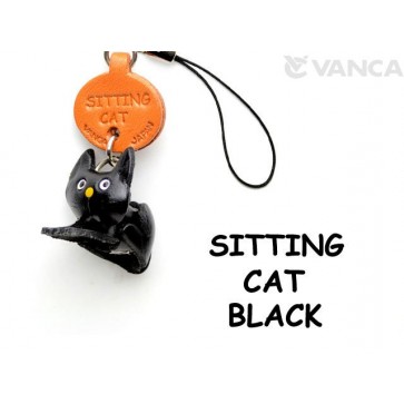 Black Sitting Japanese Leather Cellularphone Charm Cat