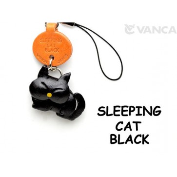 Black Sleeping Japanese Leather Cellularphone Charm Cat