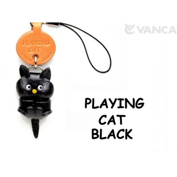 Black Playing Japanese Leather Cellularphone Charm Cat