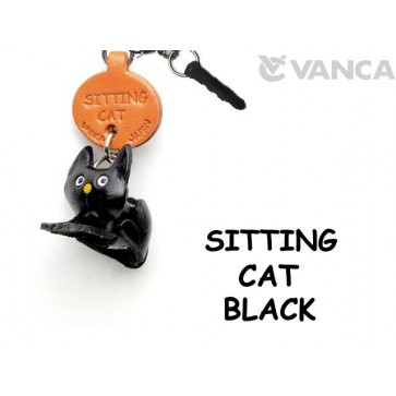 Sitting Cat Black Leather Cat Earphone Jack Accessory