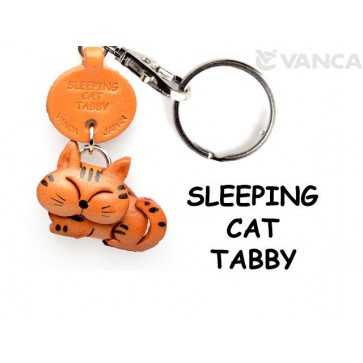 Tabby Sleeping Cat Japanese Leather Keychain