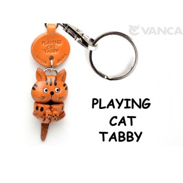 Tabby Playing Cat Japanese Leather Keychain