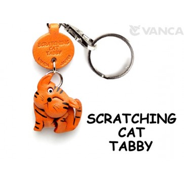 Tabby Scratching Cat Japanese Leather Keychains