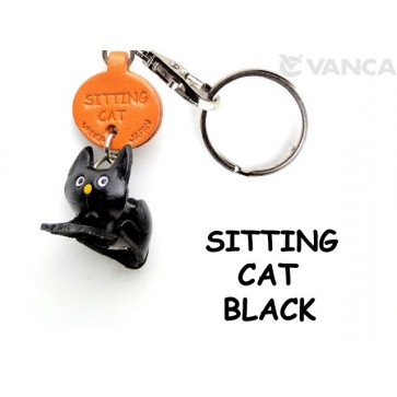 Black Sitting Japanese Leather Keychains Cat