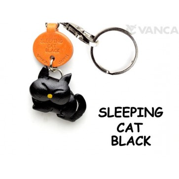 Black Sleeping Japanese Leather Keychains Cat