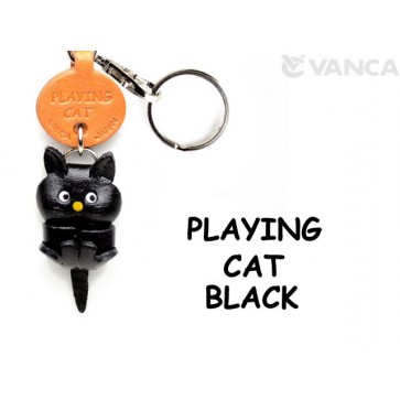 Black Playing Japanese Leather Keychains Cat