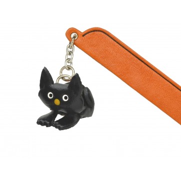 Sitting Cat Black Leather Charm Bookmarker