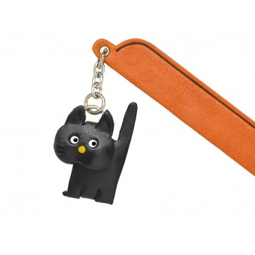 Walking Cat Black Leather Charm Bookmarker