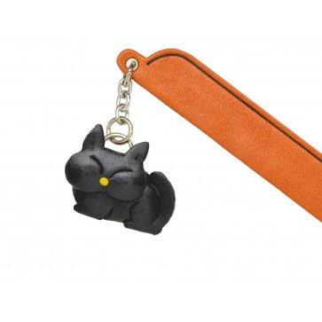 Sleeping Cat Black Leather Charm Bookmarker
