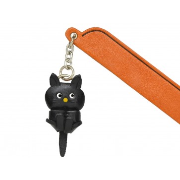 Playing Cat Black Leather Charm Bookmarker