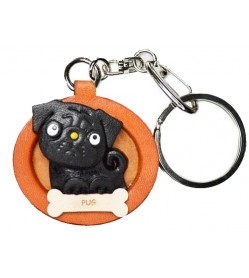 Pug Black Leather Dog plate Keychain