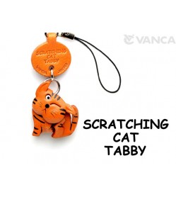 Tabby Scratching Japanese Leather Cellularphone Charm Cat #46402