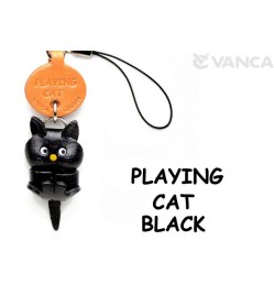 Black Playing Japanese Leather Cellularphone Charm Cat