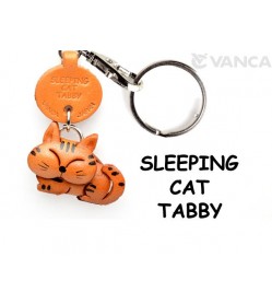 Tabby Sleeping Cat Japanese Leather Keychain