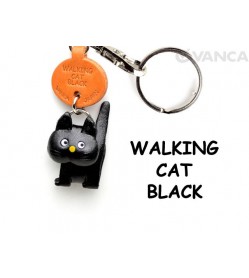 Black Walking Japanese Leather Keychains Cat