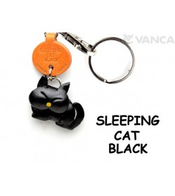 Black Sleeping Japanese Leather Keychains Cat