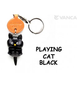 Black Playing Japanese Leather Keychains Cat