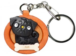 Pug Black Leather Dog plate Keychain
