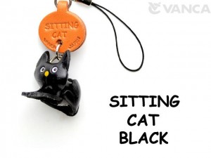 Black Sitting Japanese Leather Cellularphone Charm Cat