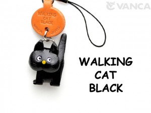 Black Walking Japanese Leather Cellularphone Charm Cat