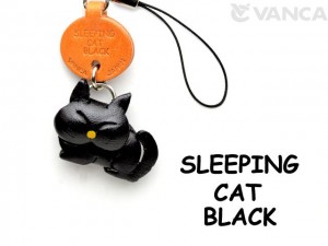 Black Sleeping Japanese Leather Cellularphone Charm Cat