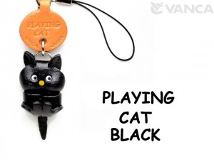 Black Playing Japanese Leather Cellularphone Charm Cat