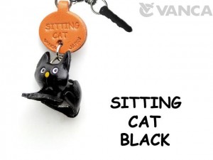 Sitting Cat Black Leather Cat Earphone Jack Accessory
