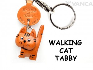 Tabby Walking Cat Japanese Leather Keychains