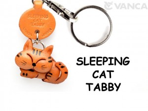 Tabby Sleeping Cat Japanese Leather Keychain
