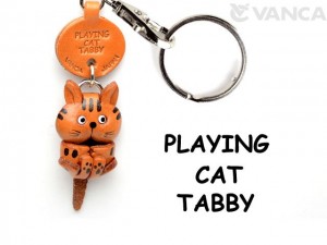 Tabby Playing Cat Japanese Leather Keychain