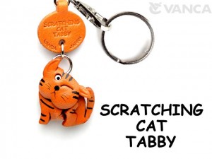 Tabby Scratching Cat Japanese Leather Keychains