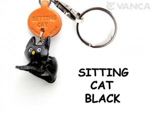 Black Sitting Japanese Leather Keychains Cat