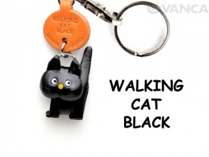 Black Walking Japanese Leather Keychains Cat