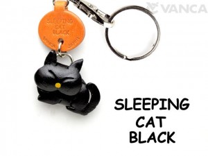 Black Sleeping Japanese Leather Keychains Cat