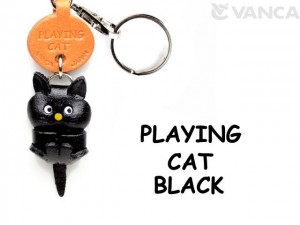 Black Playing Japanese Leather Keychains Cat