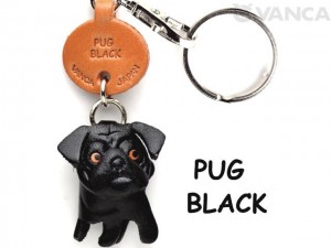 Pug Black Leather Dog Keychain