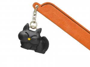 Sleeping Cat Black Leather Charm Bookmarker
